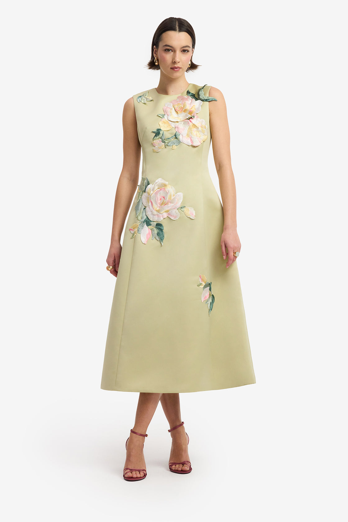Cleo Embroidered Sleeveless Midi Dress - Pistachio Rose Print Dress Midi