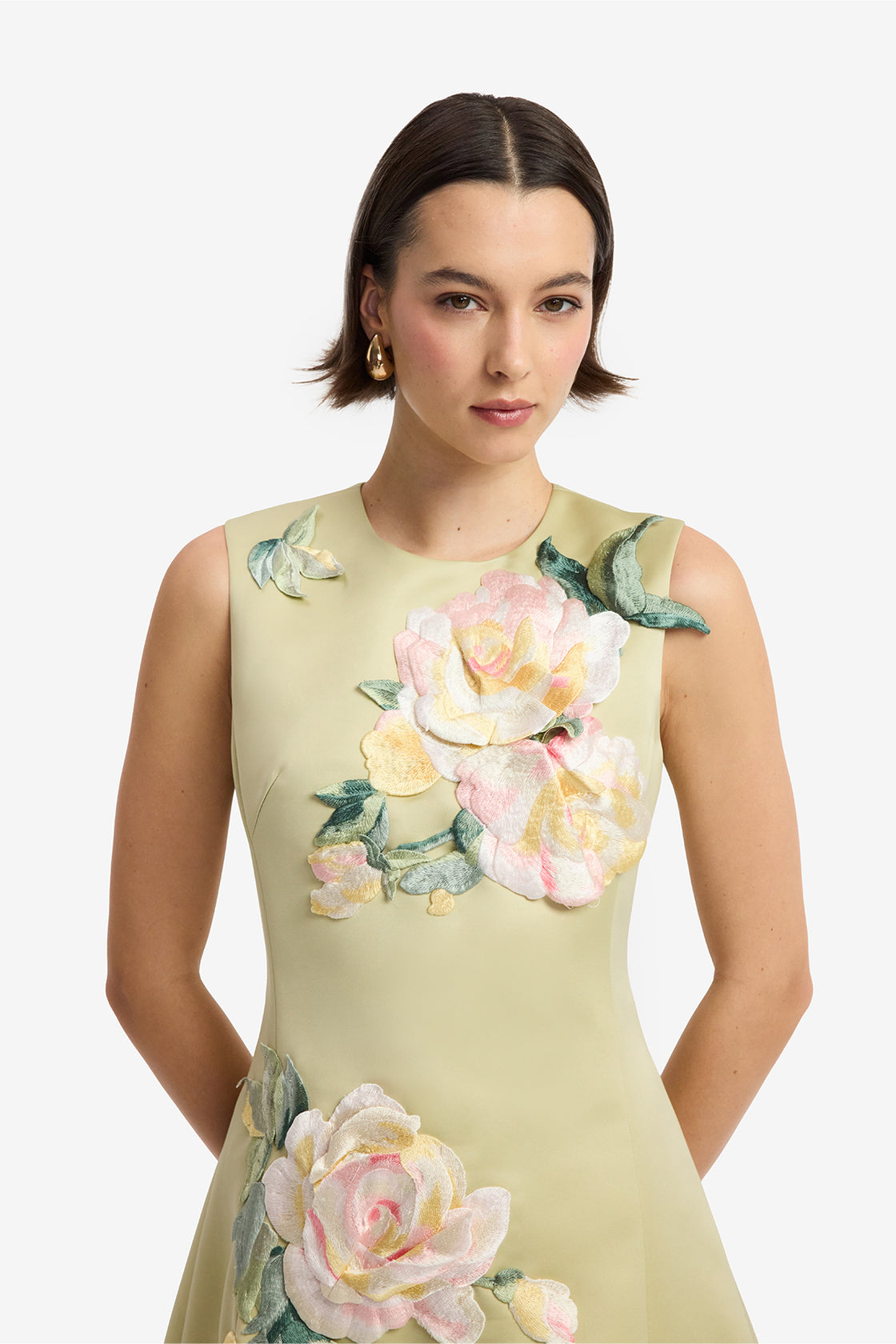 Cleo Embroidered Sleeveless Midi Dress - Pistachio Rose Print Dress Midi