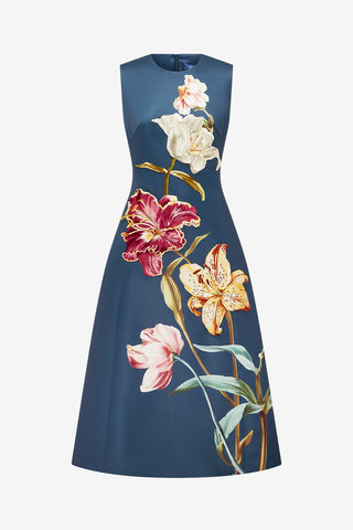 Cleo Embroidered Sleeveless Midi Dress - Lily Print in Indigo Dress Midi
