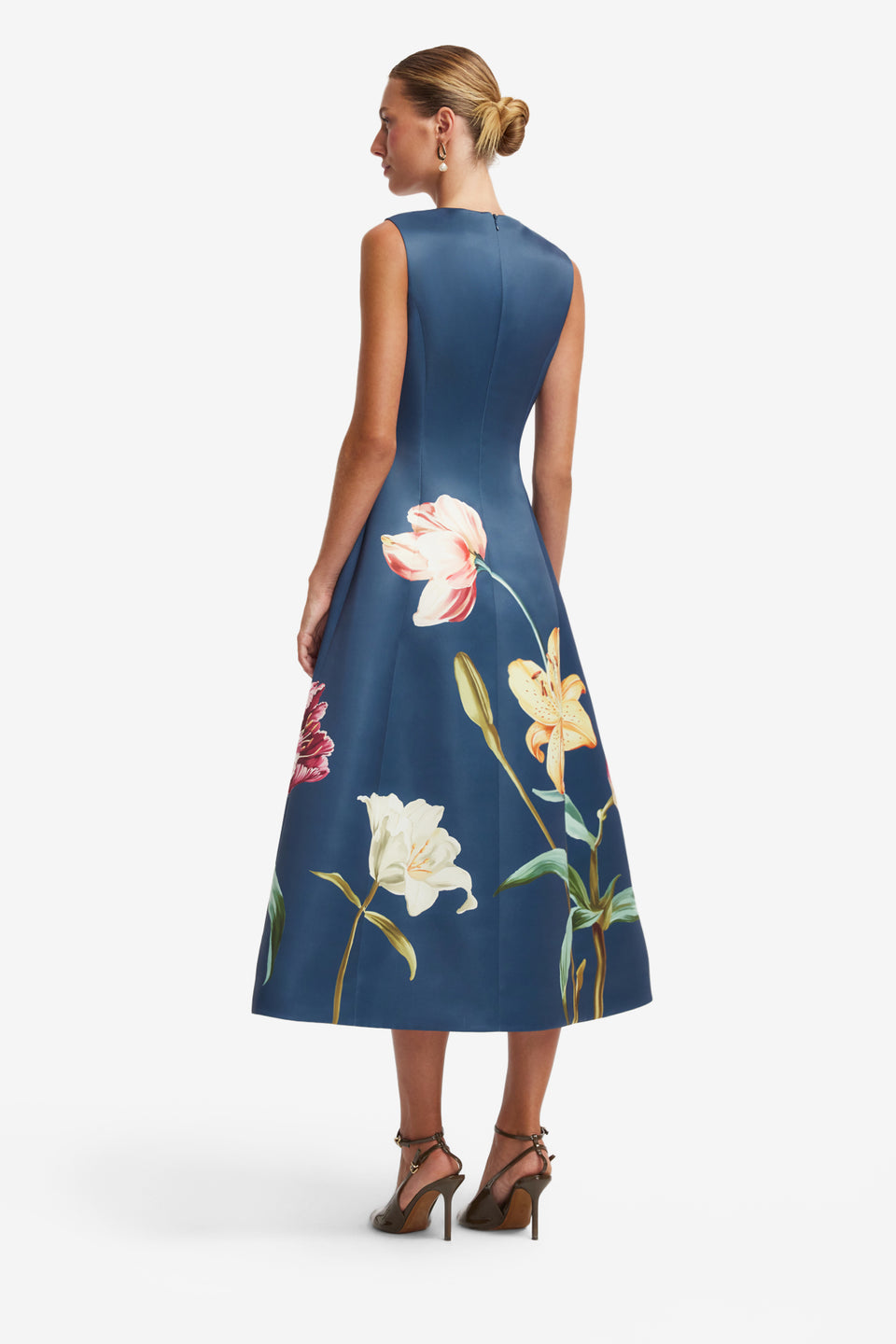 Cleo Embroidered Sleeveless Midi Dress - Lily Print in Indigo Dress Midi