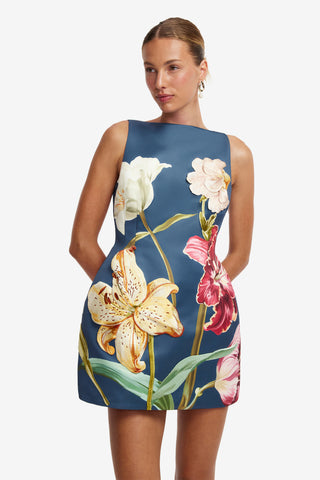 Ali Embroidered Mini Dress - Lily Print in Indigo Dress Mini