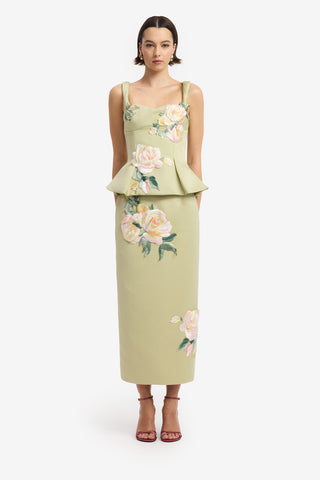 Quinn Embroidered Midi Skirt - Pistachio Rose Print Midi Skirt
