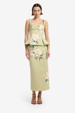 Quinn Embroidered Midi Skirt - Pistachio Rose Print Midi Skirt