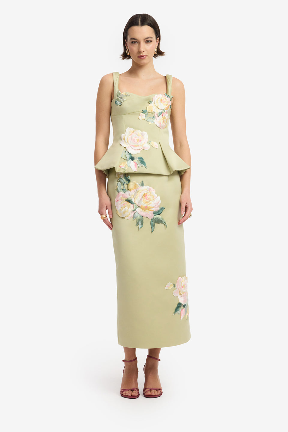 Quinn Embroidered Midi Skirt - Pistachio Rose Print Midi Skirt