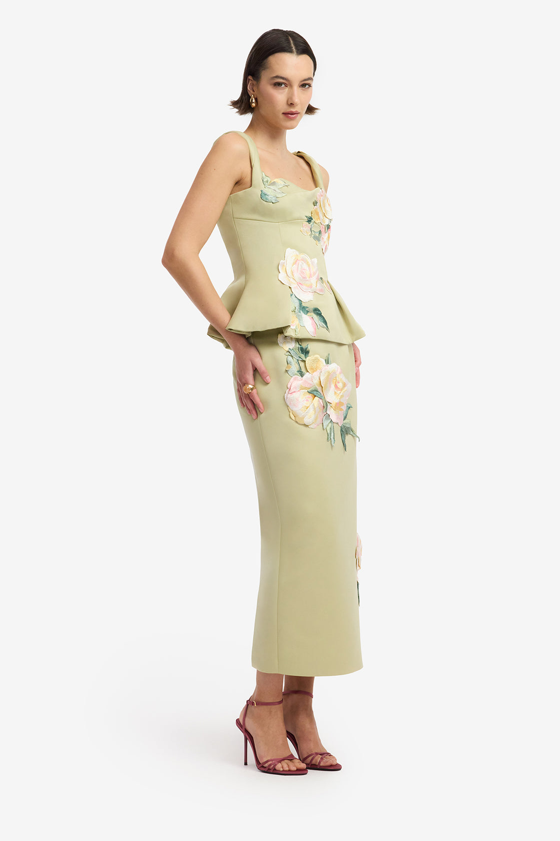 Quinn Embroidered Midi Skirt - Pistachio Rose Print Midi Skirt