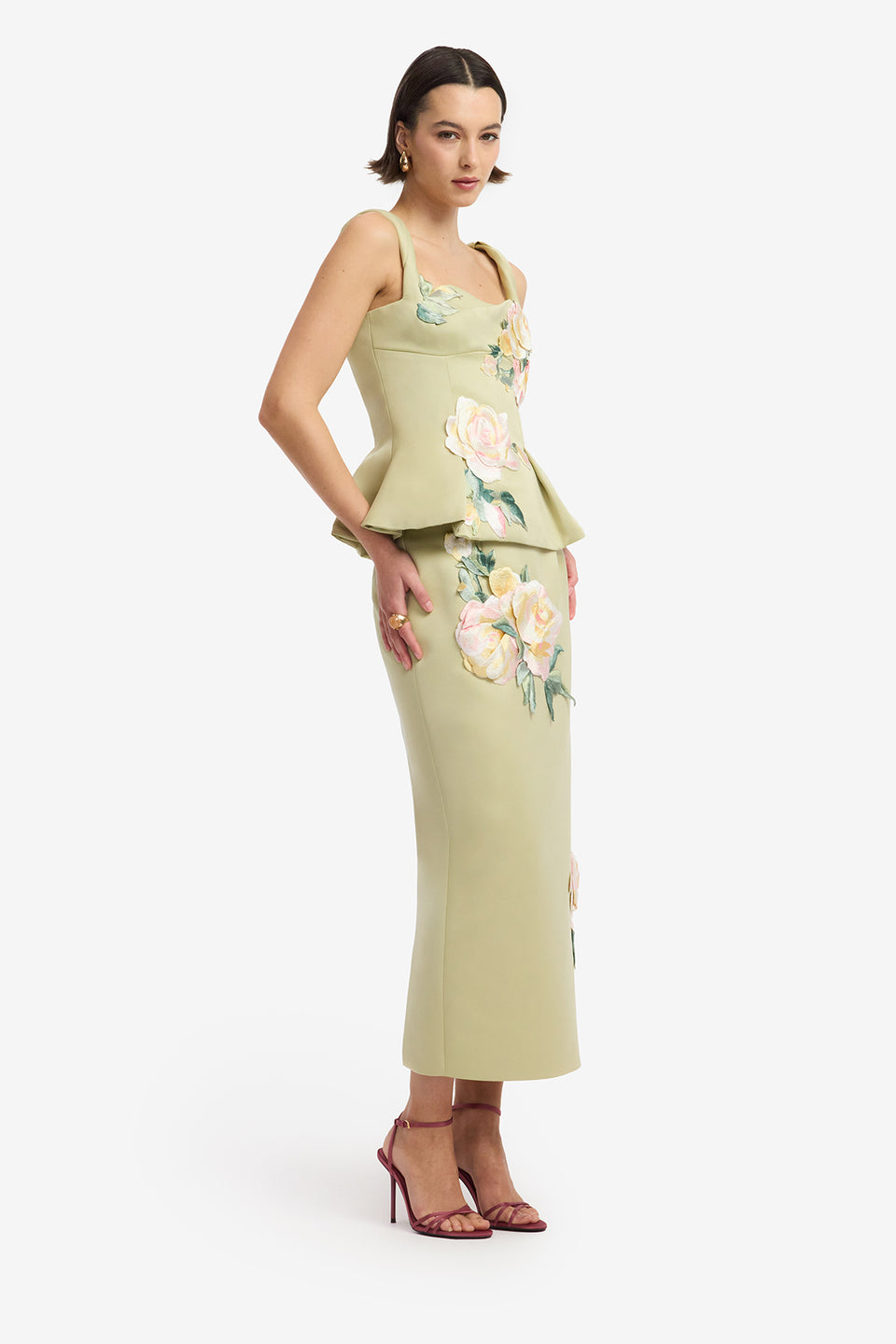 Quinn Embroidered Midi Skirt - Pistachio Rose Print Midi Skirt