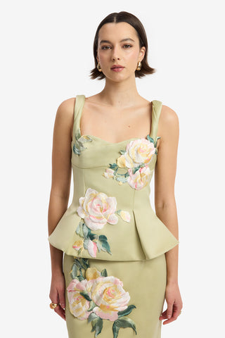 Quinn Embroidered Midi Skirt - Pistachio Rose Print Midi Skirt