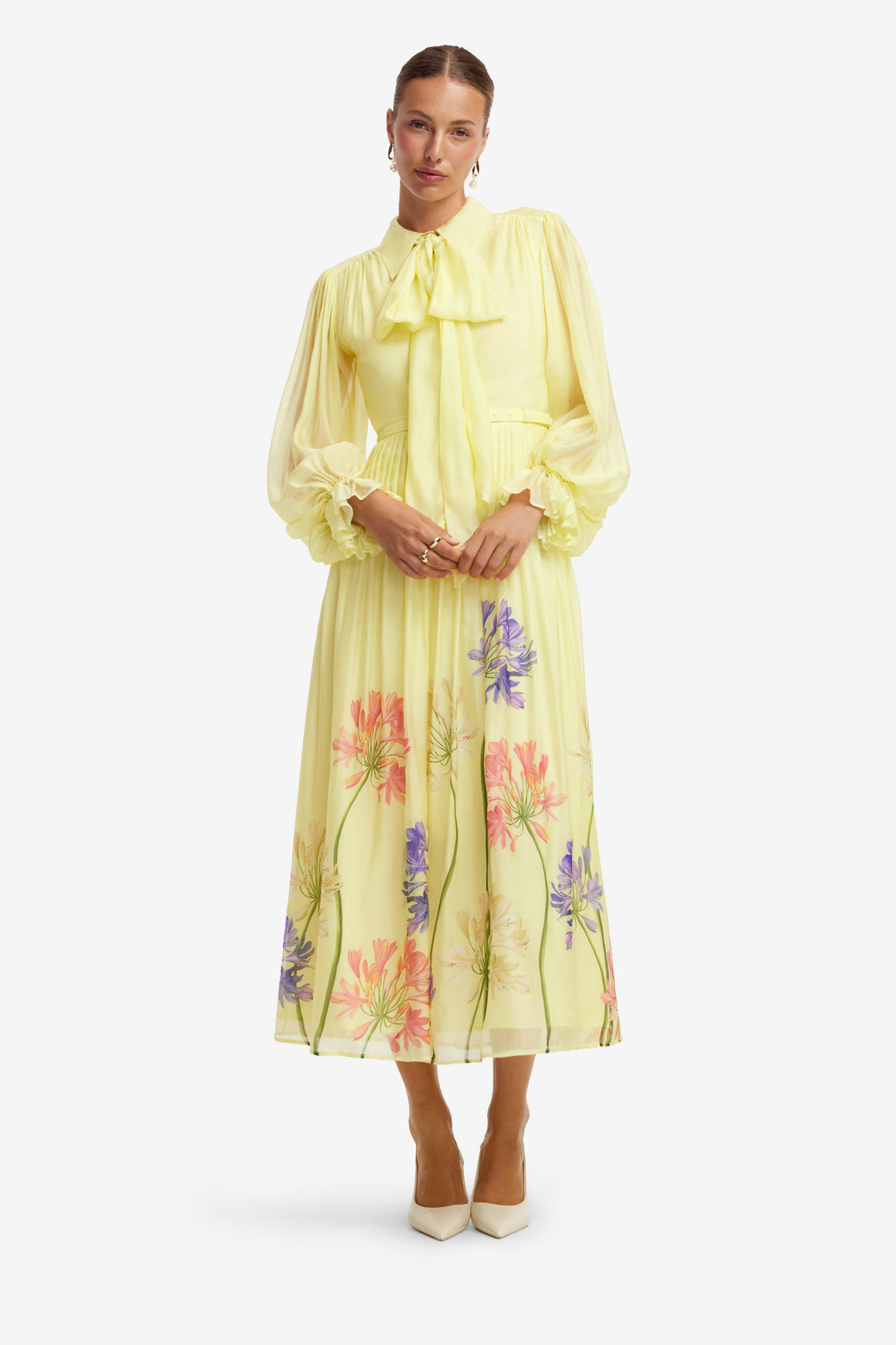 Cassie Tie Neck Midi Dress - Agapanthus Print Dress Midi