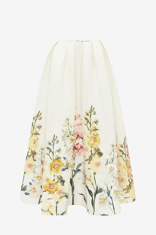 Victoria Embroidered Puff Maxi Skirt - Snapdragon Print in Snow Skirts