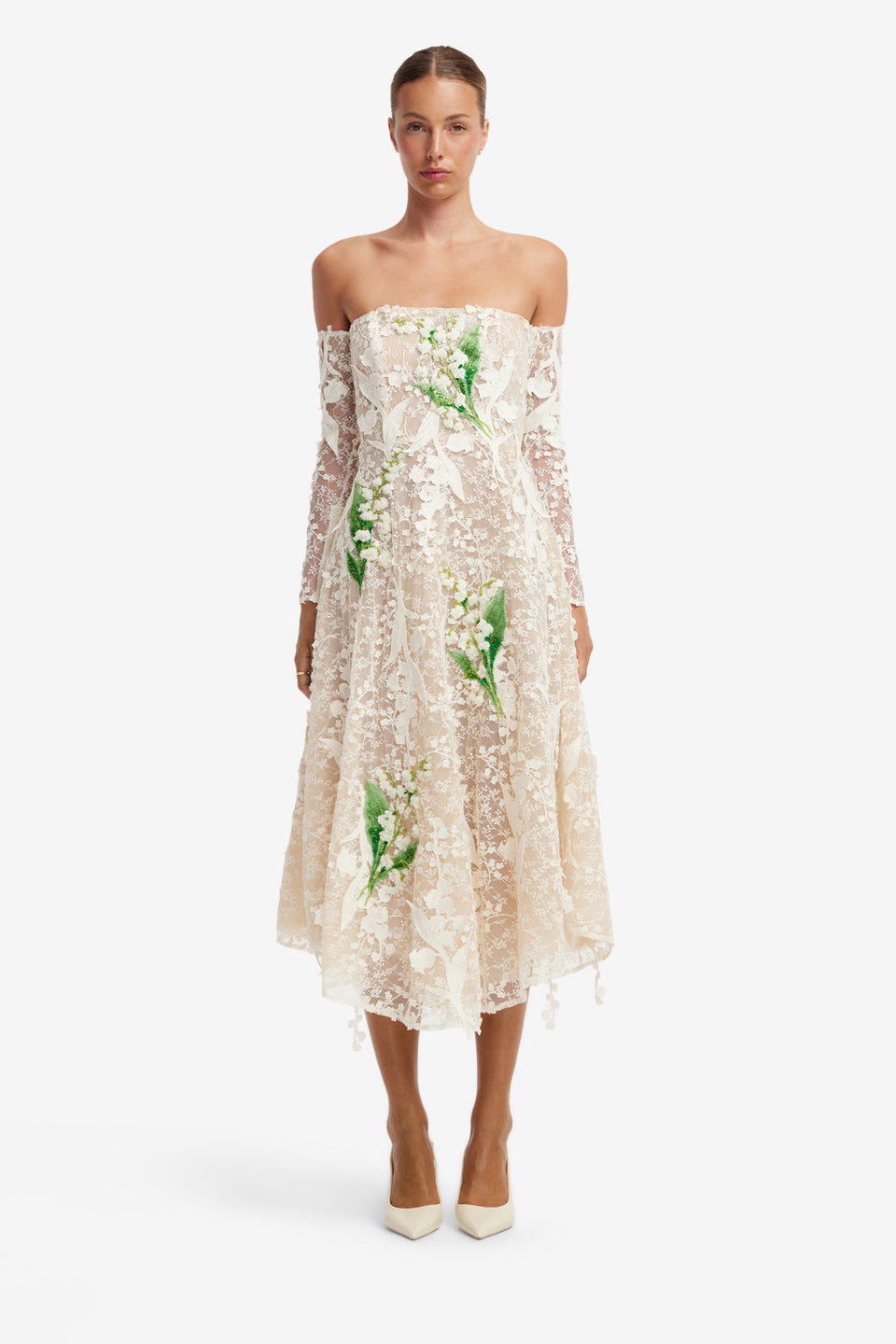 Ana Off-Shoulder Embellished Lace Bustier Midi Dress - Snow Meadow Dress Midi