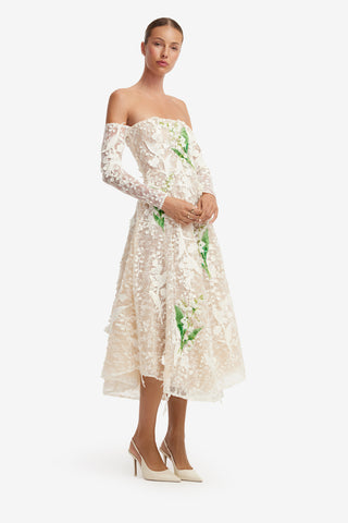 Ana Off-Shoulder Embellished Lace Bustier Midi Dress - Snow Meadow Dress Midi