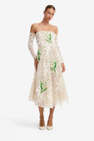 Ana Off-Shoulder Embellished Lace Bustier Midi Dress - Snow Meadow Dress Midi