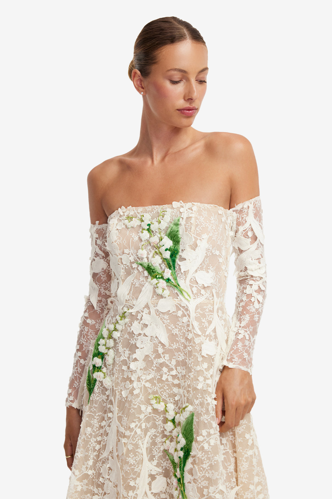 Ana Off-Shoulder Embellished Lace Bustier Midi Dress - Snow Meadow Dress Midi
