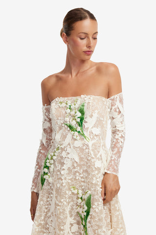 Ana Off-Shoulder Embellished Lace Bustier Midi Dress - Snow Meadow Dress Midi