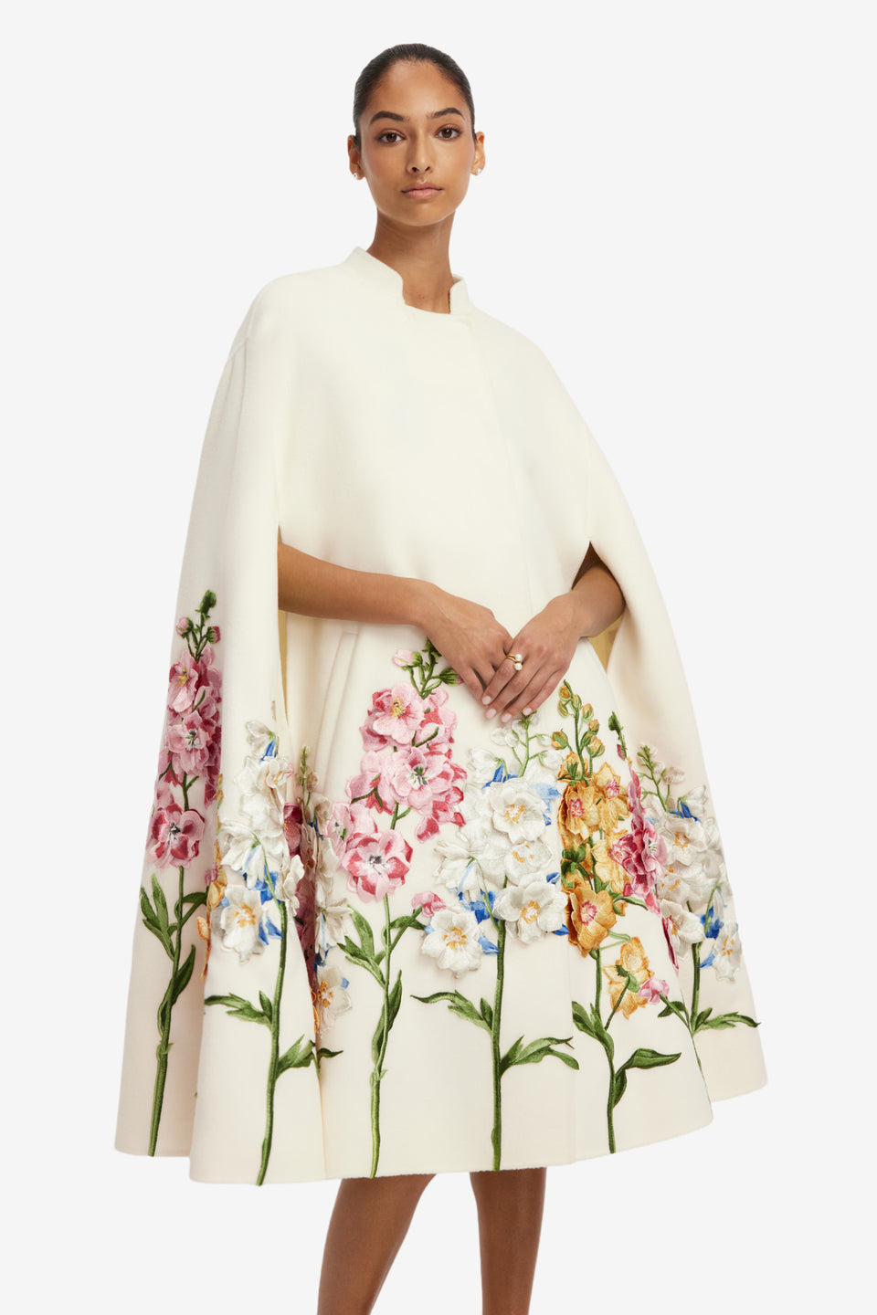 Clover Embroidered Wool Cape Jacket - Snapdragon Print in Snow Coats