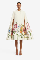 Clover Embroidered Wool Cape Jacket - Snapdragon Print in Snow Coats
