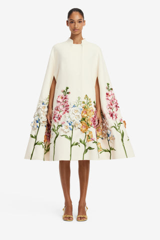 Clover Embroidered Wool Cape Jacket - Snapdragon Print in Snow Coats