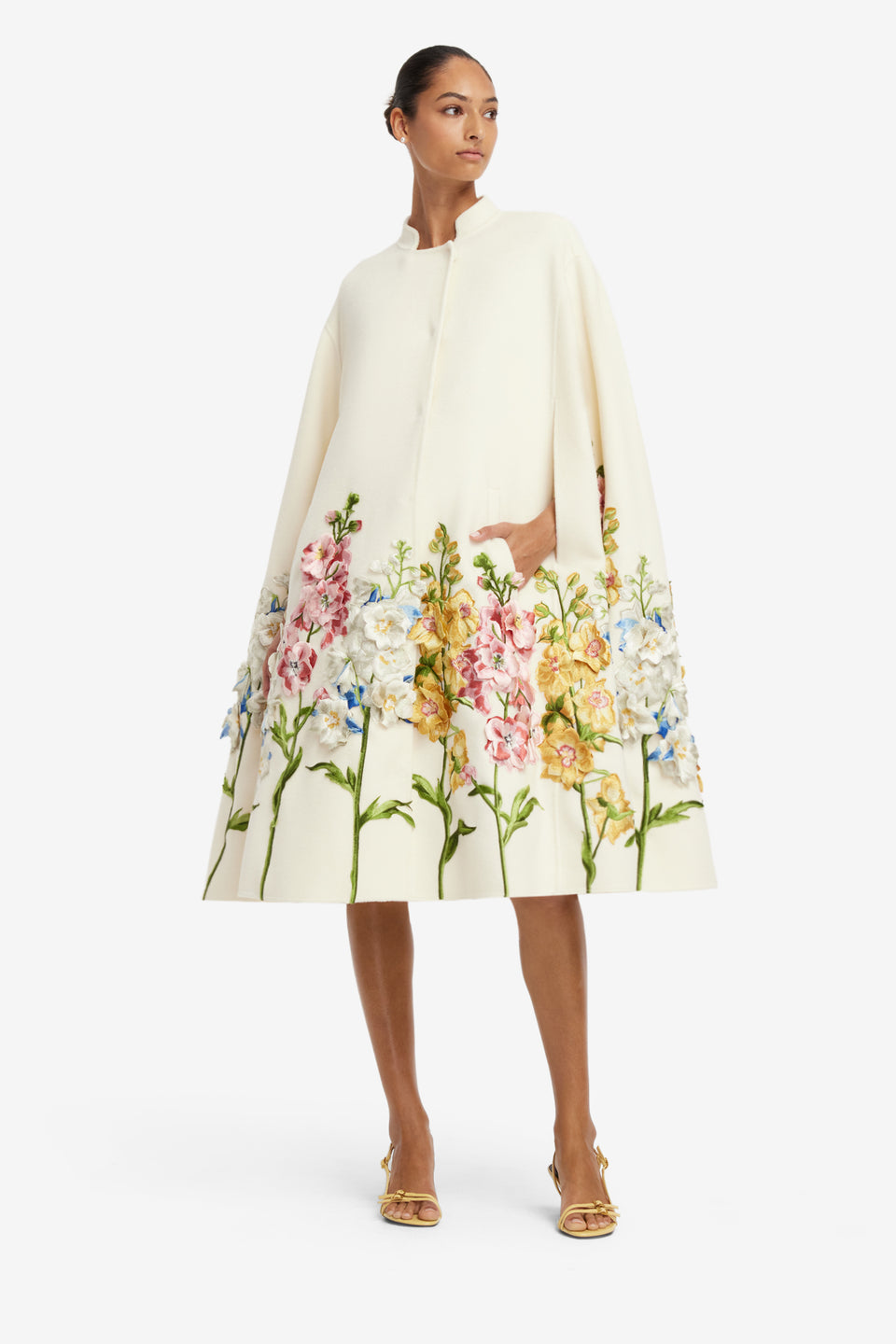 Clover Embroidered Wool Cape Jacket - Snapdragon Print in Snow Coats