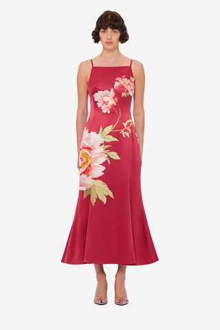Exclusive LEO LIN Regina Wool Blend Midi Dress - Prosperity Print in Garnet