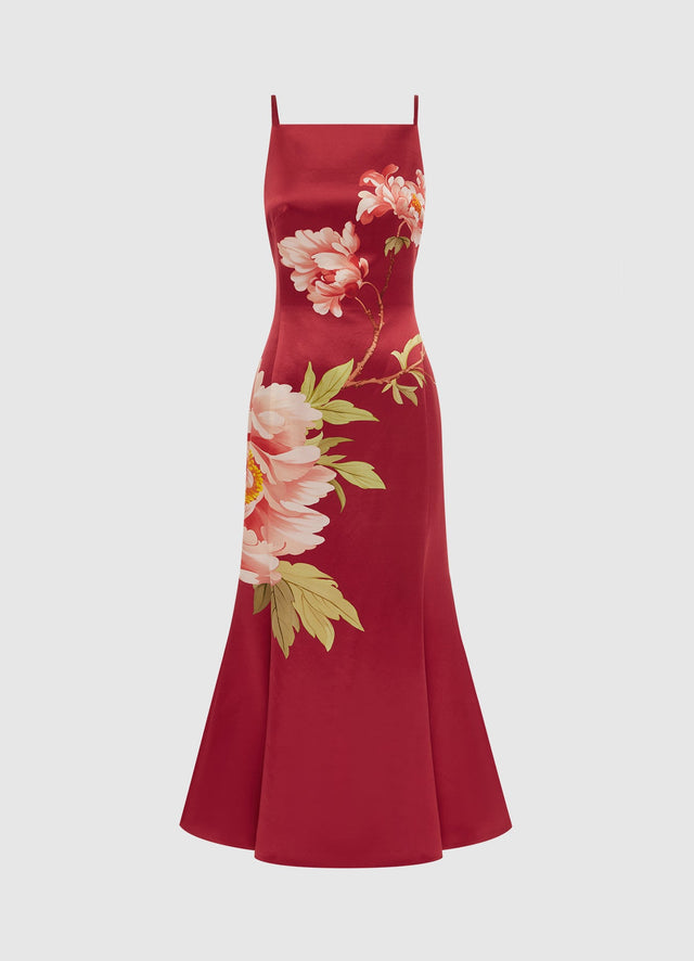 Exclusive Leo Lin Regina Wool Blend Midi Dress in Prosperity Print in Garnet