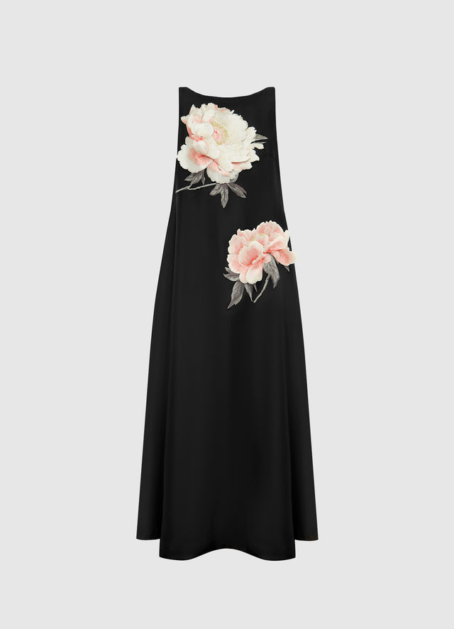 Exclusive Leo Lin Yumei Appliqué Floral Open Back Gown in Onyx