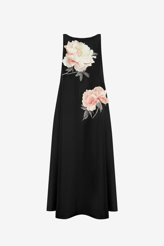 Exclusive LEO LIN Yumei Appliqué Floral Open Back Gown - Onyx