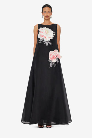 Exclusive LEO LIN Yumei Appliqué Floral Open Back Gown - Onyx