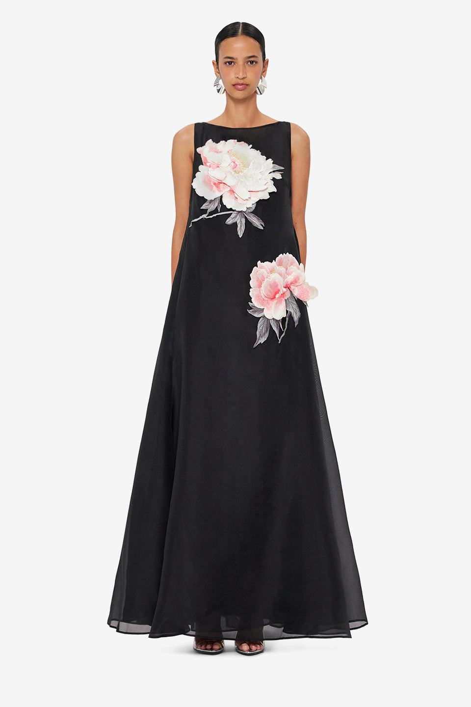 Exclusive LEO LIN Yumei Appliqué Floral Open Back Gown - Onyx