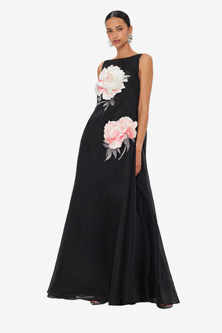 Exclusive LEO LIN Yumei Appliqué Floral Open Back Gown - Onyx