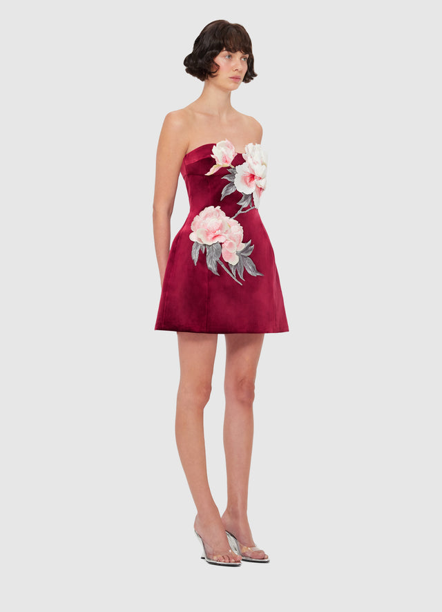 Exclusive Leo Lin Rosanne Velvet Appliqué Floral Bustier Mini Dress in Garnet