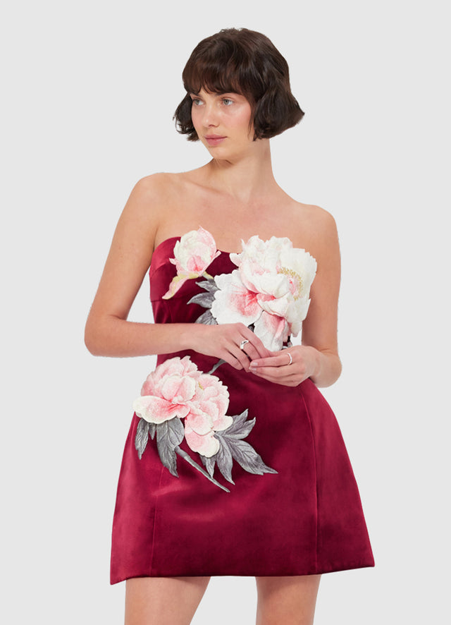 Exclusive Leo Lin Rosanne Velvet Appliqué Floral Bustier Mini Dress in Garnet