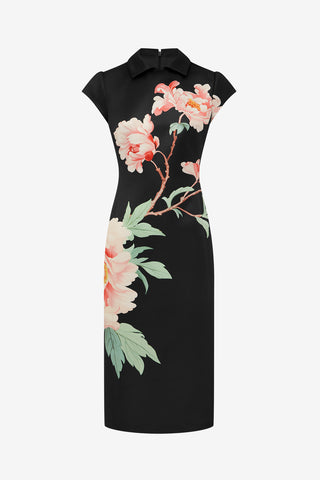 Exclusive LEO LIN Qian Midi Dress - Prosperity Print in Onyx