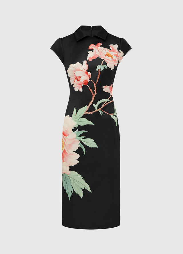 Exclusive Leo Lin Qian Midi Dress in Prosperity Print in Onyx