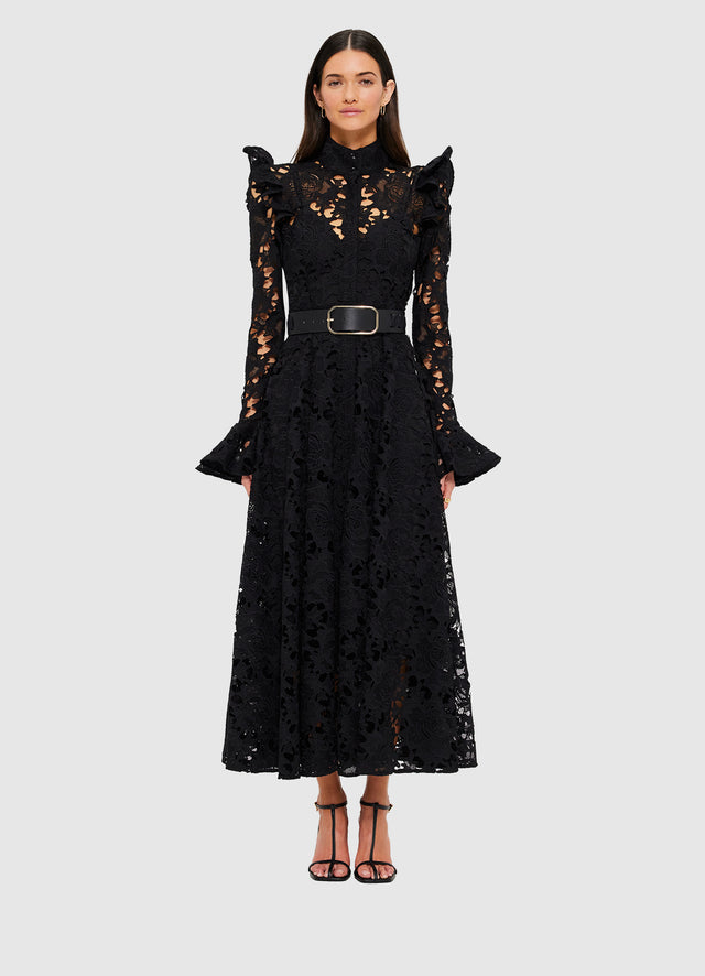 Exclusive Leo Lin Aliyah Lace Butterfly Sleeve Midi Dress in Ebony