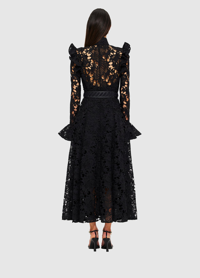 Exclusive Leo Lin Aliyah Lace Butterfly Sleeve Midi Dress in Ebony