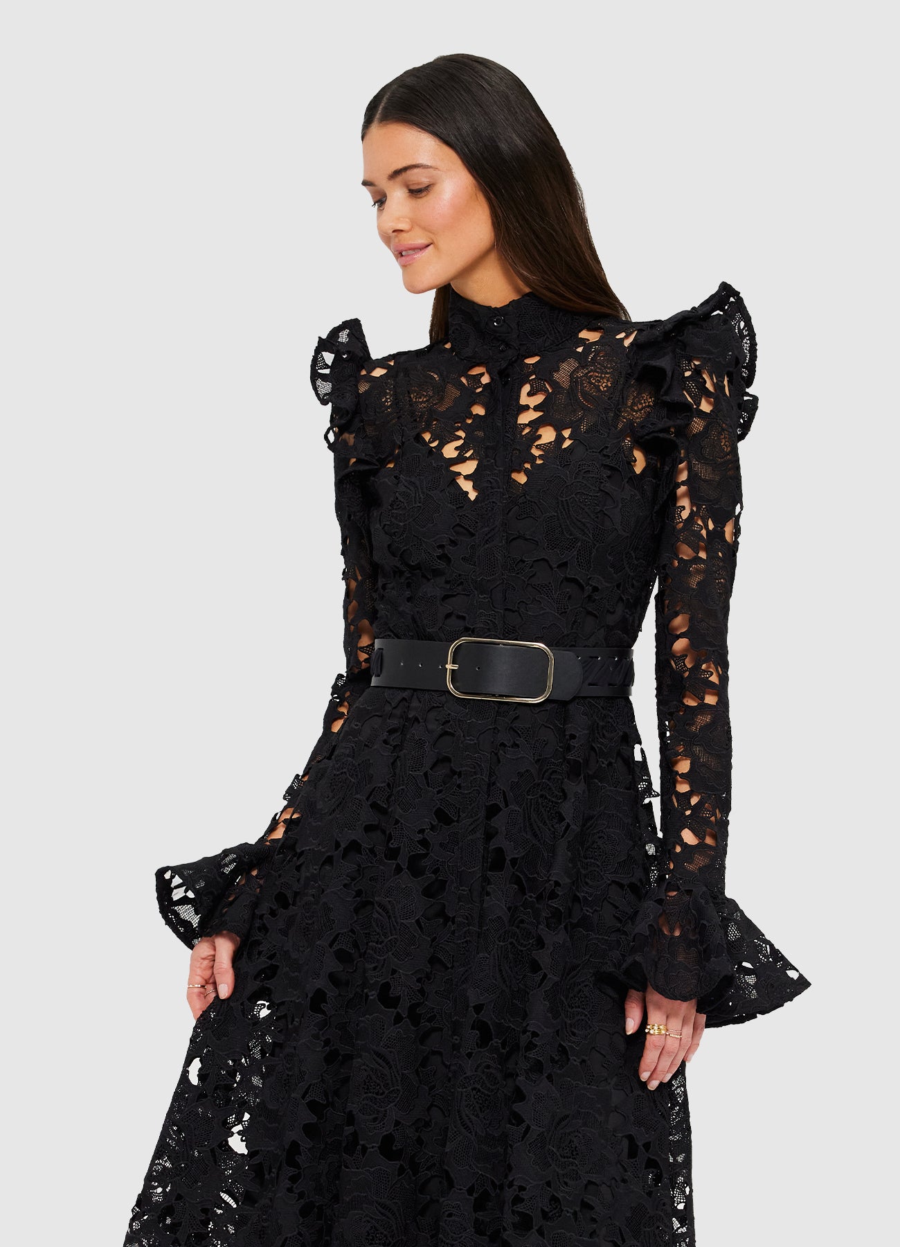 Aliyah Lace Butterfly Sleeve Midi Dress - Ebony | LEO LIN® Official Website