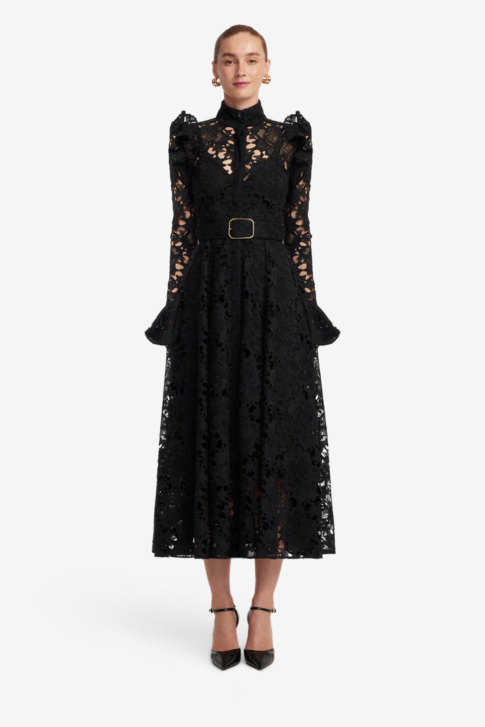 Exclusive LEO LIN Aliyah Lace Butterfly Sleeve Midi Dress - Ebony