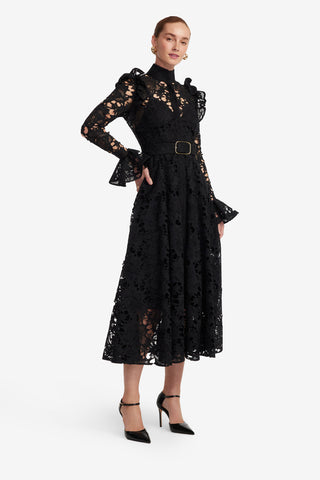 Exclusive LEO LIN Aliyah Lace Butterfly Sleeve Midi Dress - Ebony