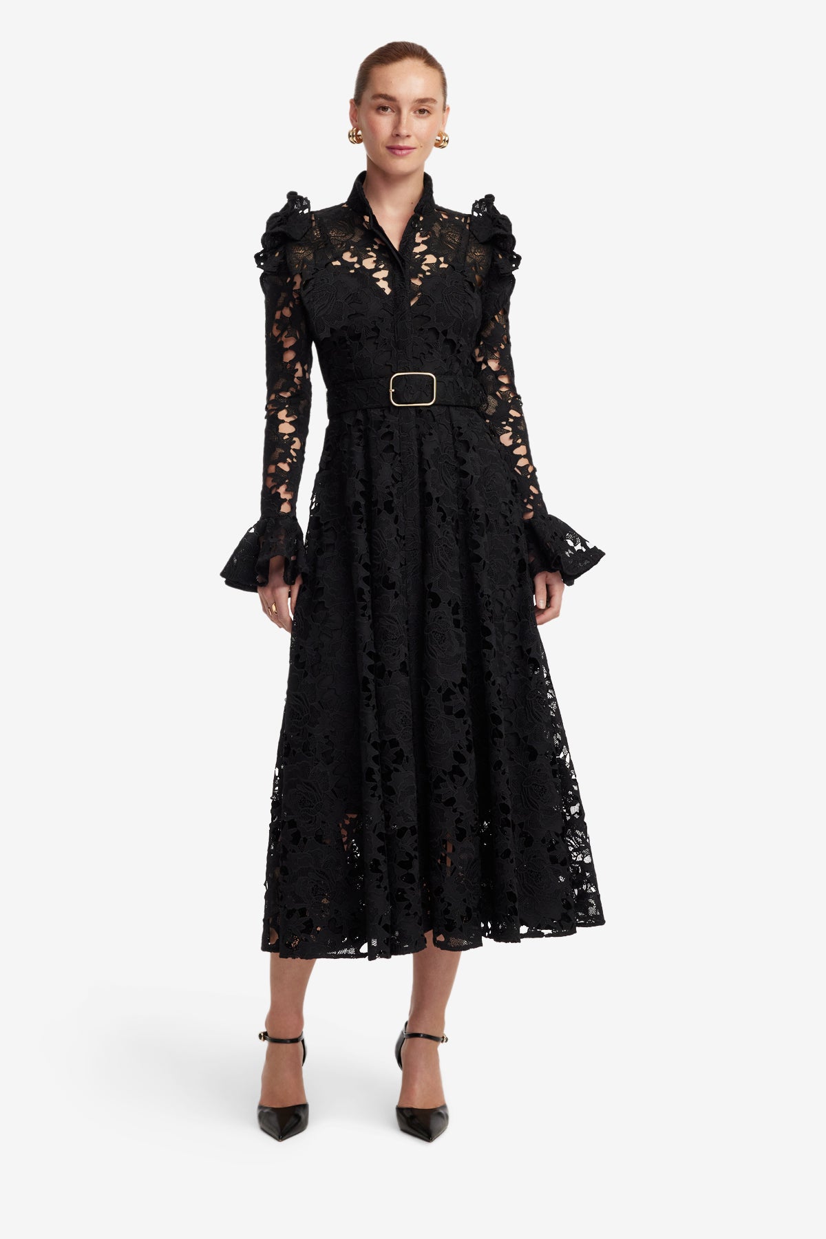 Aliyah Lace Butterfly Sleeve Midi Dress - Ebony | LEO LIN