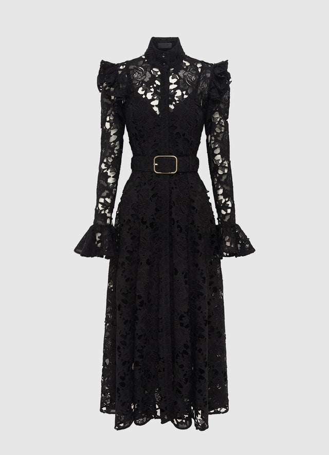 Exclusive LEO LIN Aliyah Lace Butterfly Sleeve Midi Dress - Ebony