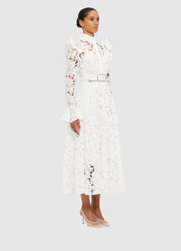 Exclusive Leo Lin Aliyah Lace Butterfly Sleeve Midi Dress in Snow