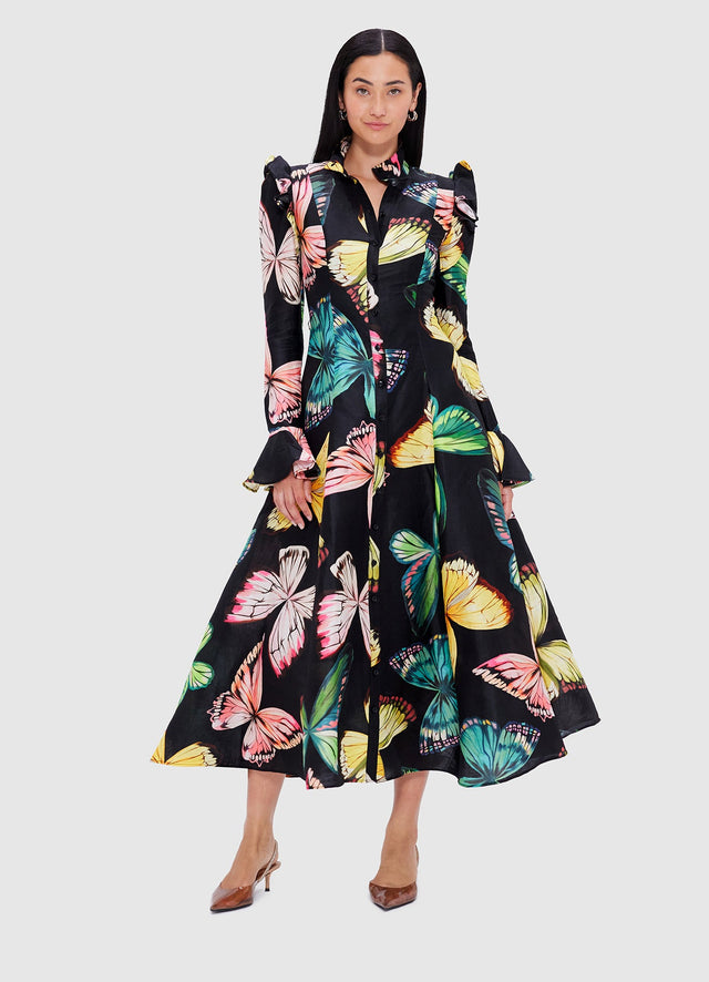 Exclusive Leo Lin Katrina Butterfly Sleeve Midi Dress - Papillon Print in Black