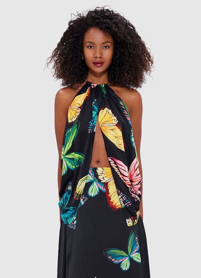 Exclusive Leo Lin Alyssa Draped Halter Top - Papillon Print in Black