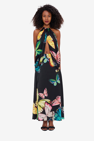 Exclusive LEO LIN Alyssa Draped Halter Top - Papillon Print in Black