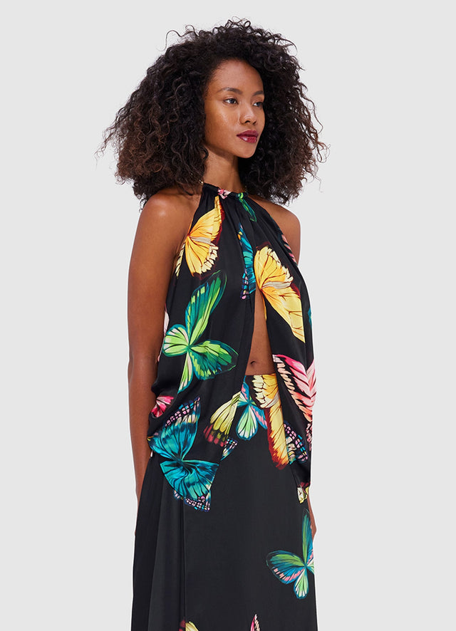 Exclusive Leo Lin Alyssa Draped Halter Top - Papillon Print in Black