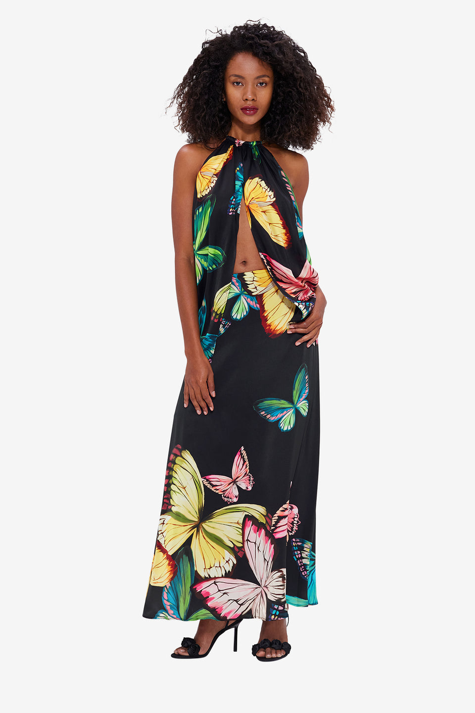 Exclusive LEO LIN Alyssa Draped Halter Top - Papillon Print in Black