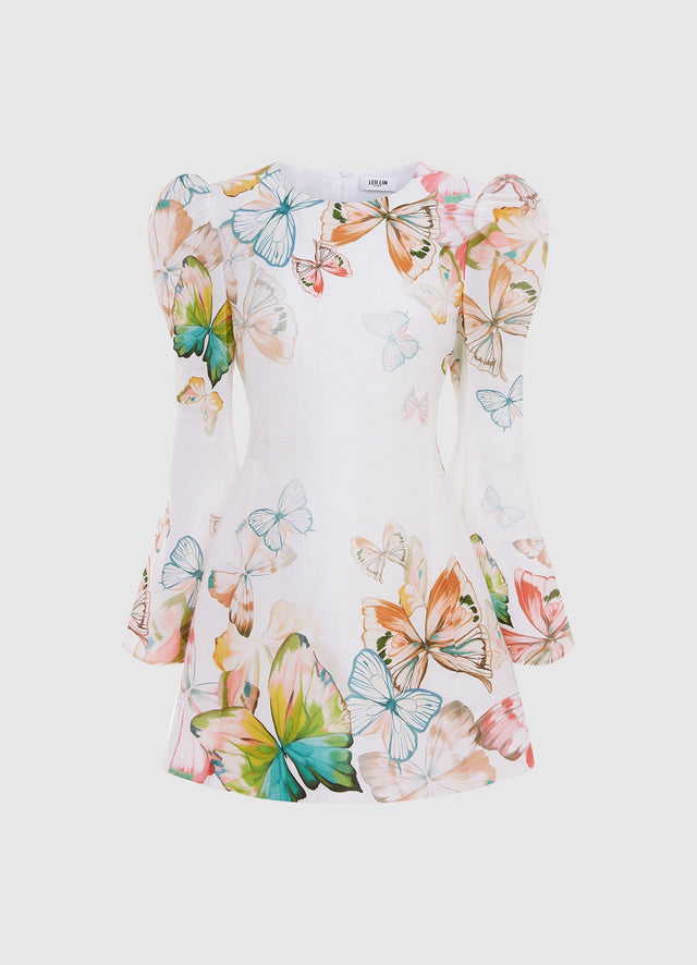 Exclusive Leo Lin Sylvana Bell Sleeve Mini Dress - Papillon Print in White