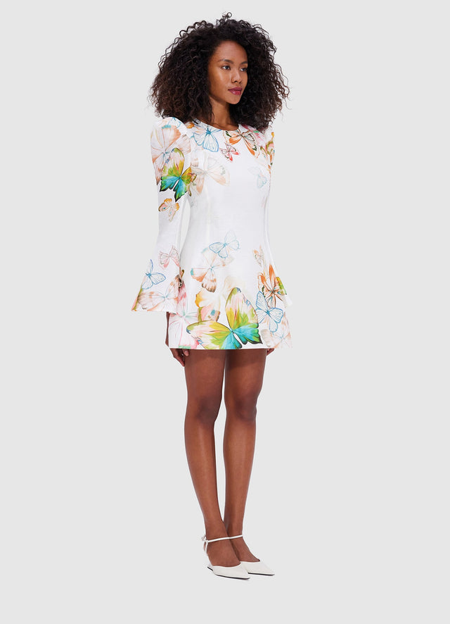 Exclusive Leo Lin Sylvana Bell Sleeve Mini Dress - Papillon Print in White