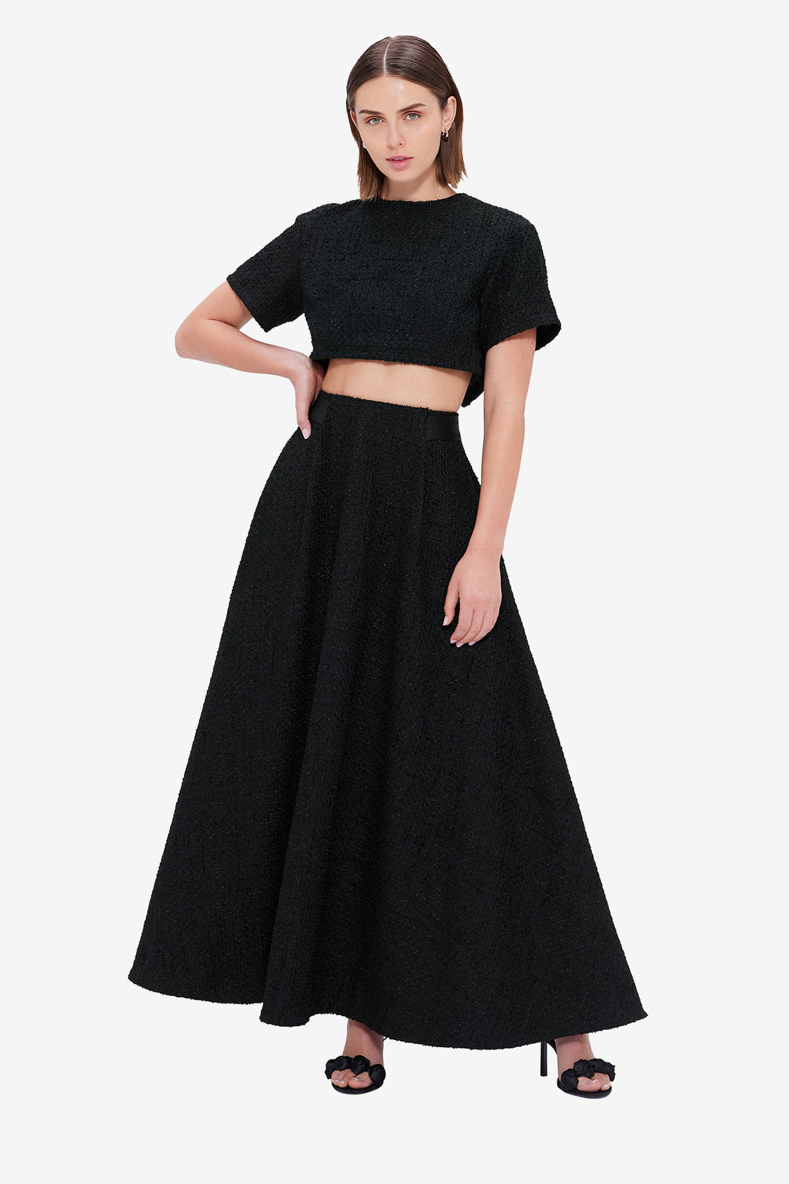 Exclusive LEO LIN Indie Tweed Sleeve Top - Ebony