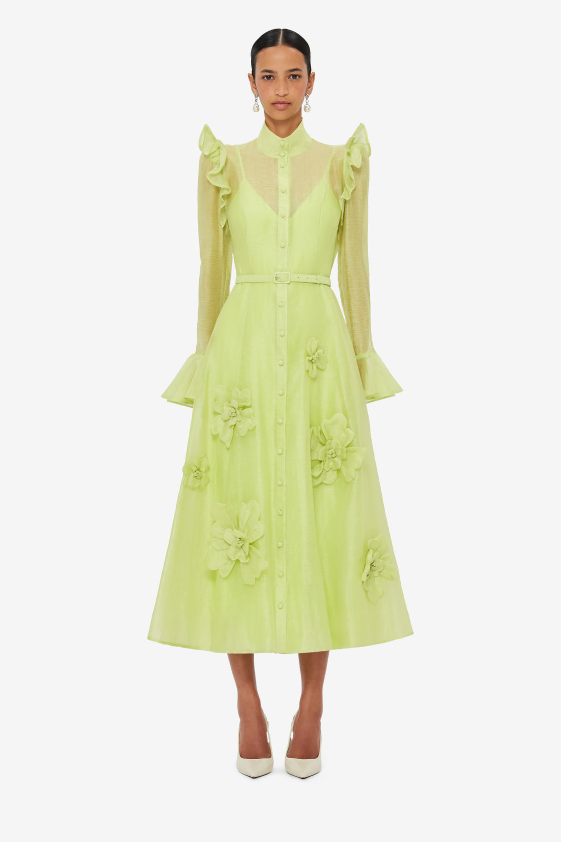 Katrina Petal Butterfly Sleeve Midi Dress - Chartreuse